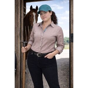Cinch Women's XL Teal Stripe shirt Tencel Long Sleeve western logo tailored